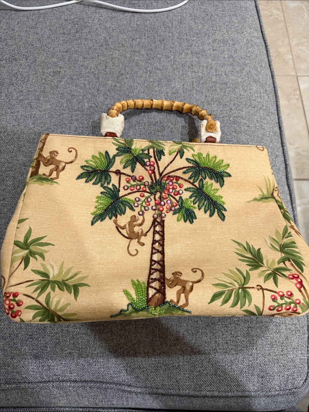 NWT Isabella Fiore Tropical Embroidered Beaded Palm Tree Tote in Beige Bamboo